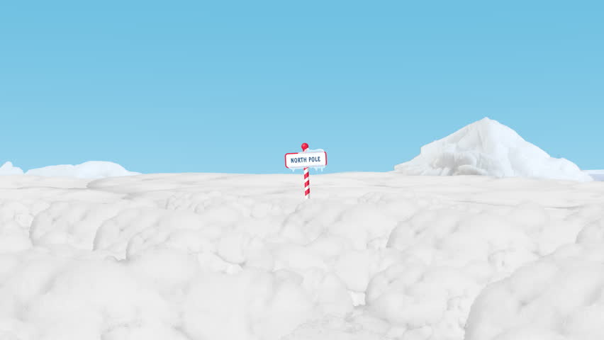 Different animated panning to North Pole Sign standing on the snow plain with ice mountain on the background