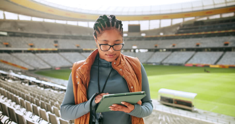 Sports, face and woman for media relations, press release and tablet in stadium with presentation. Technology, portrait and happy journalist in arena for crisis management, interview and broadcast