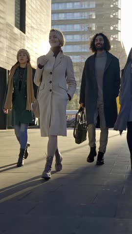 Business Team walking together with confidence and determination towards their goal - Group of successful company people professionals in the city