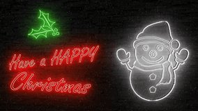 animation red neon sign Have a HAPPY CHRISTMAS green holly white snowman snowing illuminated dark brick wall background eye catching quirky holiday greetings online business shops sale sstkChristmas - Powered by Shutterstock - Get 15% off with code: PIKWIZARD15