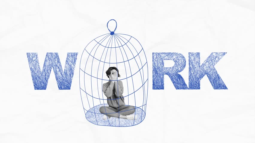 Motion collage video of scared girl peek hands sit birdcage work painting trap exploitation prison locked 