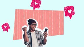 Motion collage video of excited man receive heart notification hold phone million subscribes popular blog  - Powered by Shutterstock - Get 15% off with code: PIKWIZARD15