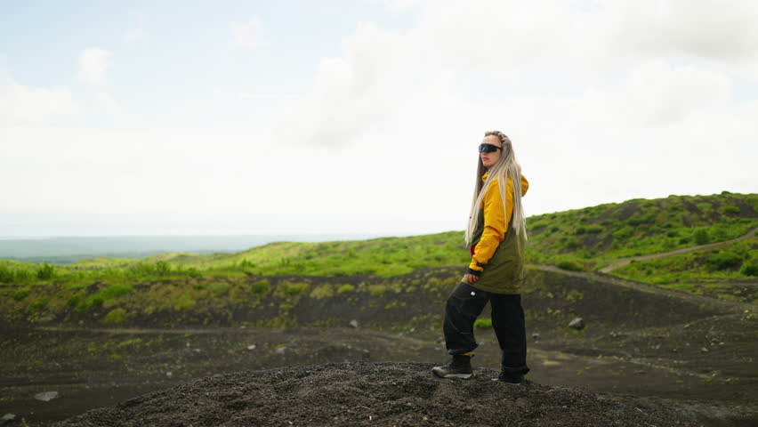 Trip To Iceland, Young Adult Woman Standing In Amazing Landscape In Volcanic Island, Human In Nature
