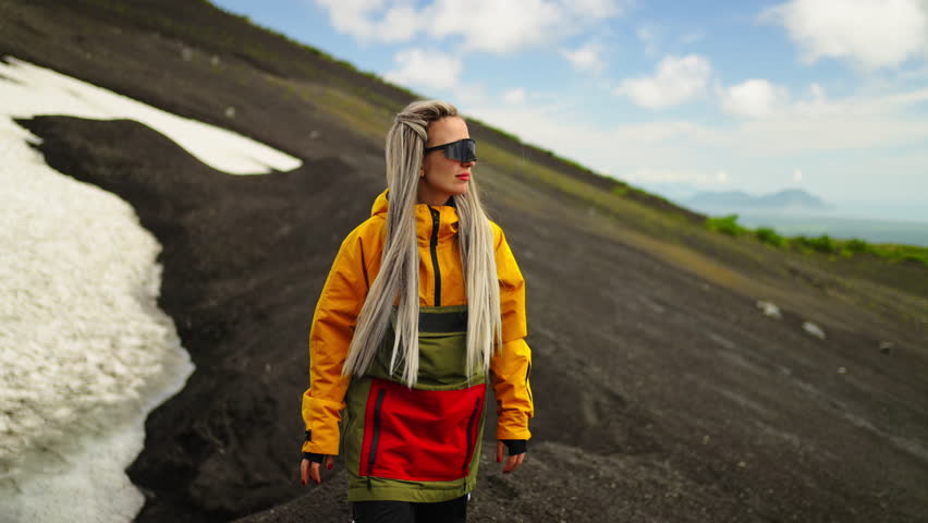 Active Lifestyle And Traveling, Portrait Of Woman Strolling Near Glacier Tongue On Mount, Tourism