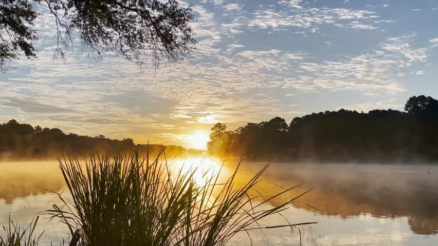 The sun rising on a smooth lake in Texas while the steam from the water glides across the surface of the lake in 4k resolution.