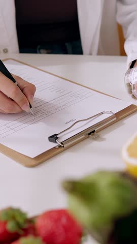 Vertical HD video. Closeup view of female nutritionist hands preparing diet plan for patient at consultation. Nutrition and diet concept.