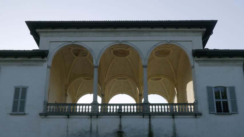 Historic Building Facade - Parco Borromeo - Lombardy, Italy - 4K - Architecture, Balcony, Arches, Columns, Windows, Travel, Tourism, Culture,  Estate, Villa, Mansion