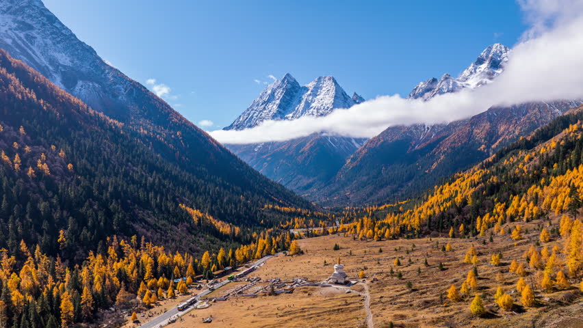 Aerial shots of Siguniangshan in autumn, Sichuan in China.