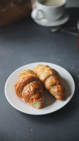 Croissant French toast fresh tasty food dish Delicious gourmet food background on the table rustic food top view copy space