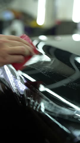 Close-up vertical cropped shot of unrecognizable auto service man using squeegee to carefully smooth out protective film on black car, ensuring perfect and bubble-free finish. Shooting in slow motion.