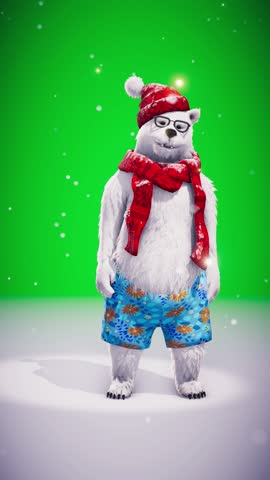 Funny polar bear in red hat and scarf waving on green screen. Animated video for greeting cards, holiday events, new year parties