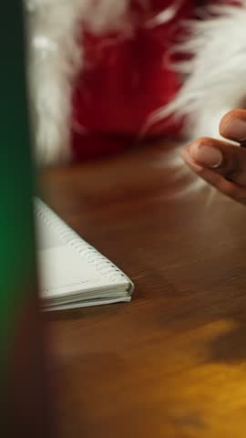 Vertical Video African american Saint Nicholas calling parents and kids on smartphone call, preparing for the journey on Christmas eve holiday. White bearded man brings toys and presents. Camera A.
