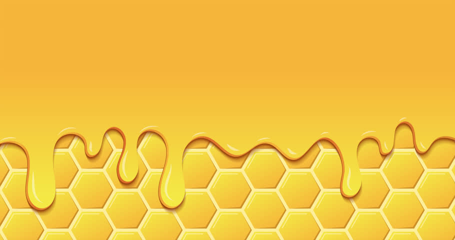 Dripping honey animation. Realistic drops of honey. Dessert background with melted honey. Dripping honey. Motion graphic. 4K animation