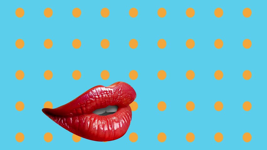 Funny animation of red lips blowing vibrant color bubble gum on colorful background. Pop art collage style. Halftone pattern of attractive lip blowing gum. Fun and playful concept. Mock up. Budgetary.