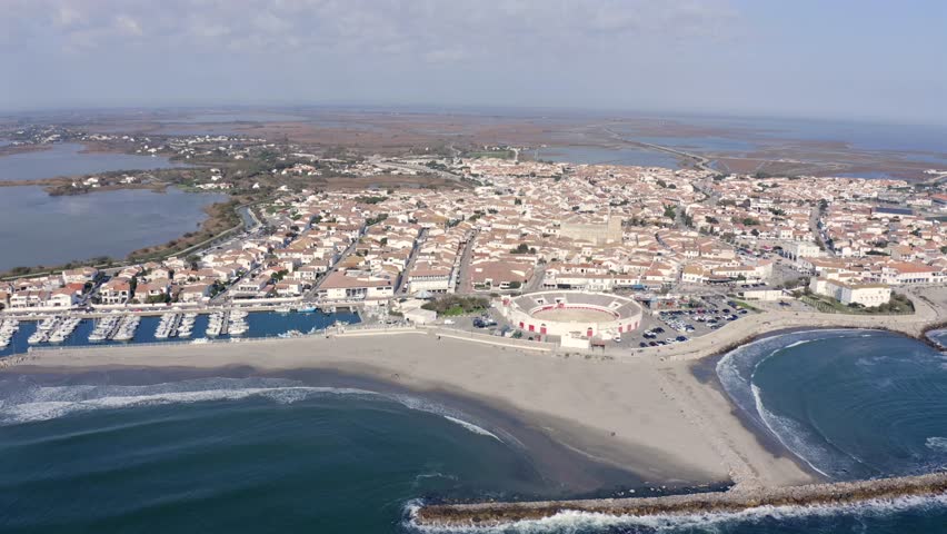 Aerial view of the town of Saintes Maries de la Mer, in the Bouches du Rhône, in Provence, France