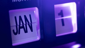 Timelapse of flip calendar clock in 1 year in purple light - Powered by Shutterstock - Get 15% off with code: PIKWIZARD15