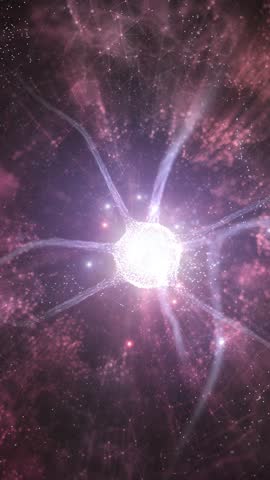 Shiny neuron cell in the brain with network animation vertical background.	
