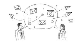 Business People Communication Concept, sketch of two businesspeople male and female connected by a large speech Bubble with Emails Message and Paper airplanes icons. - Powered by Shutterstock - Get 15% off with code: PIKWIZARD15