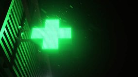 Glowing green pharmacy cross sign illuminates the night as snow falls gently. The scene captures a serene winter atmosphere, highlighting the accessibility of healthcare services - Powered by Shutterstock - Get 15% off with code: PIKWIZARD15