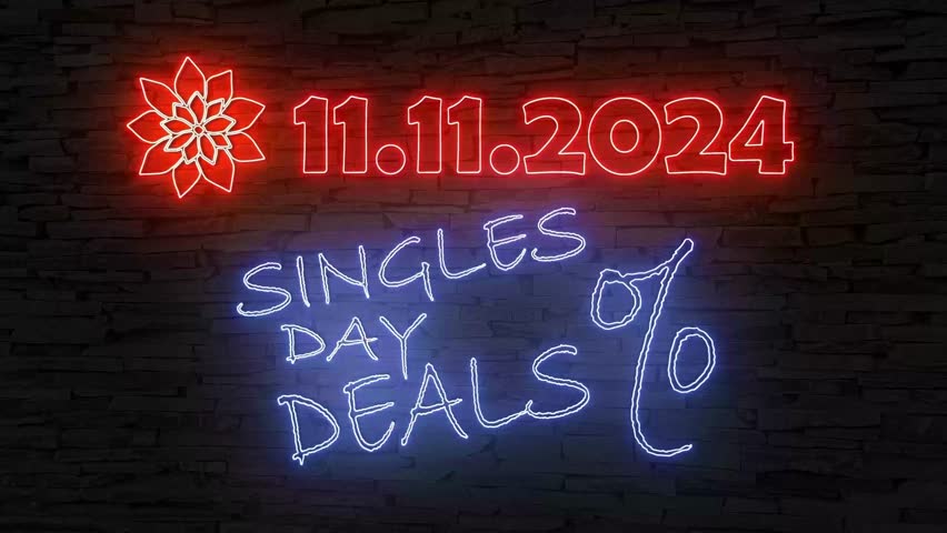 retro neon signs 11.11.2024 SINGLES DAY DEALS % illuminated animation dark brick wall background eye catching quirky marketing advertisement sales event for online business shop sale BIG SALE 2.8MB