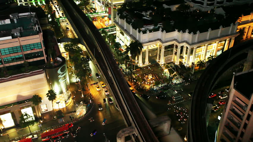 Aerial view of night traffic in Bangkok, Thailand,  on March 17, 2013. Shot from