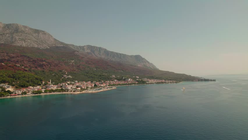Coastal Town of Gradac Labinezza in Southern Dalmatia, Croatia. Aerial Wide Shot