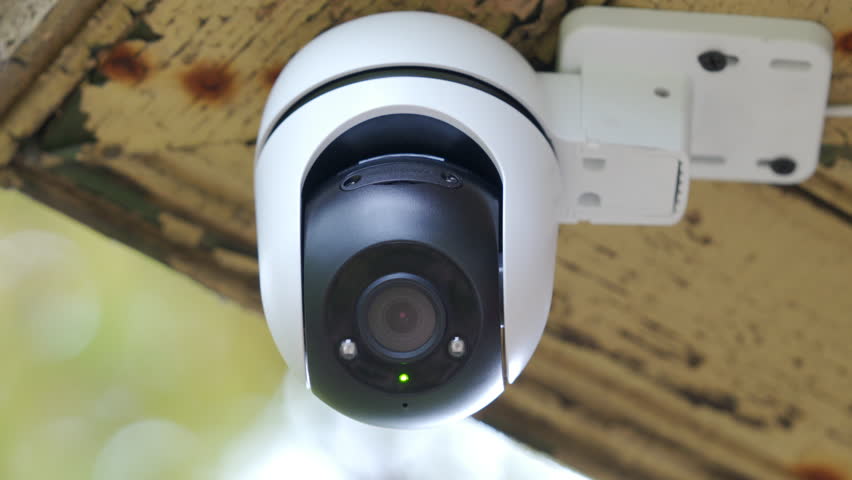 Security outdoor PTZ surveillance camera installed under the roof of the house. Pan tilt zoom camera provide HD view zoom and 360 rotation for full security coverage.