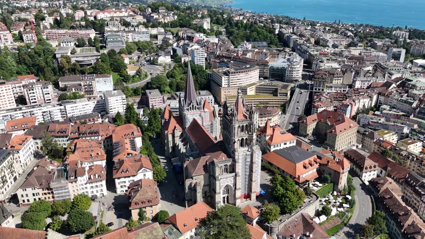 Aerial view of Lausanne Cathedral in Lausanne city, Switzerland