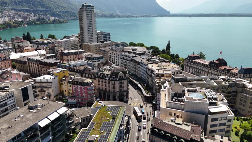 Aerial view of Montreux city by Lake Geneva, Switzerland