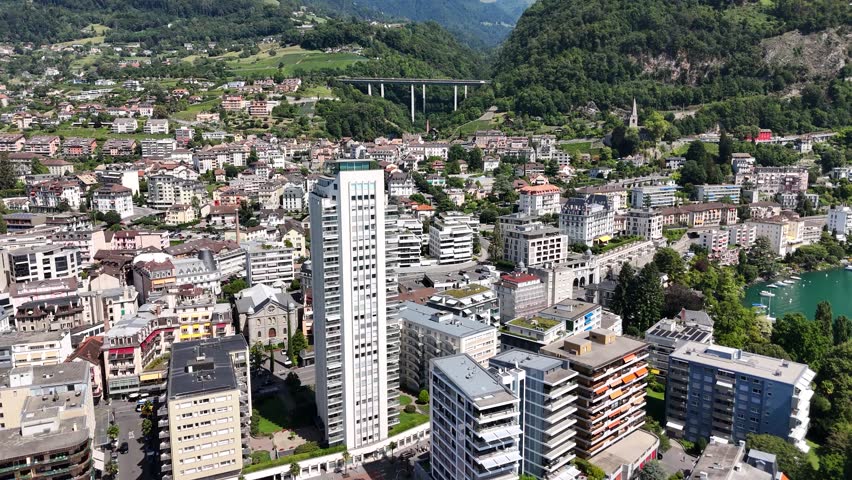Aerial footage of Montreux city in Vaud Canotn, Switzerland