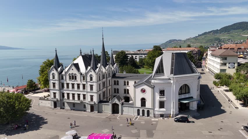 Drone shot of Salle del Castillo, Vevey city, Switzerland