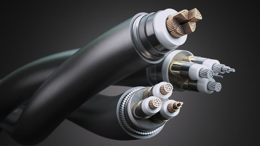 Electric wire cable structure. Various armored copper and aluminum electric cable, 3d animation. 3D Illustration