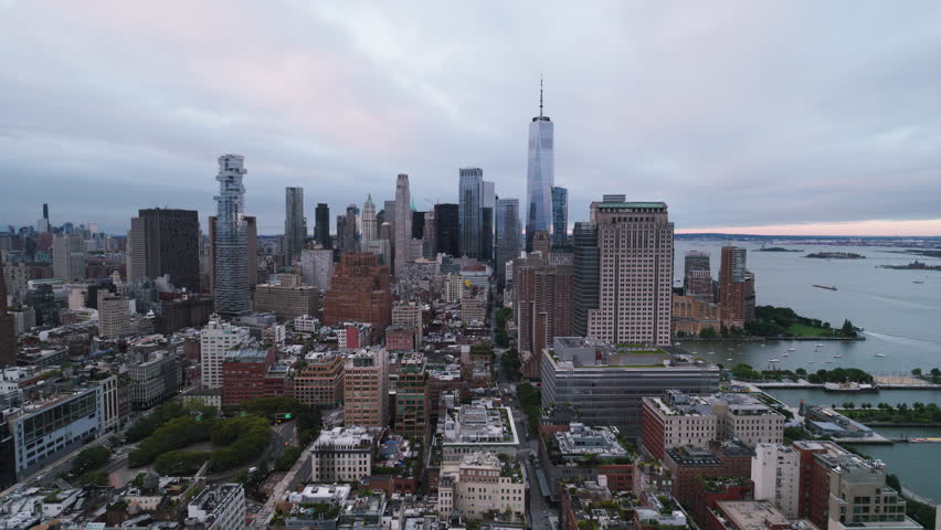 Downtown Manhattan, Aerial View Shot of New York NYC, USA, Financial District, Tribeca, Civic Center, overcast, cloudy