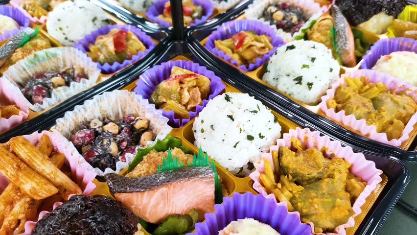 A delicious looking Japanese bento box with various side dishes and rice balls, rotating