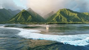 Drone Tahiti 4k. ocean wave breaking over coral reef. Teahupoo surf spot. Adventure action water sports travel in south pacific, surf destination in French Polynesia.  - Powered by Shutterstock - Get 15% off with code: PIKWIZARD15
