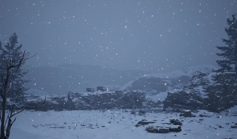 A snowy landscape with a mountain in the background