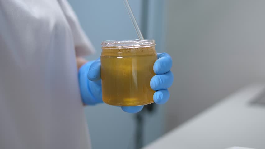 Close-up of a female laboratory assistant holding a jar of honey for analysis and quality control. A researcher wearing gloves takes a sample of honey for analysis for the presence of antibiotics.