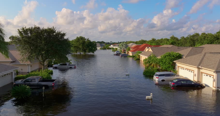Flooded houses from hurricane rainfall water in residential community in Florida. Aftermath of natural disaster in USA south.