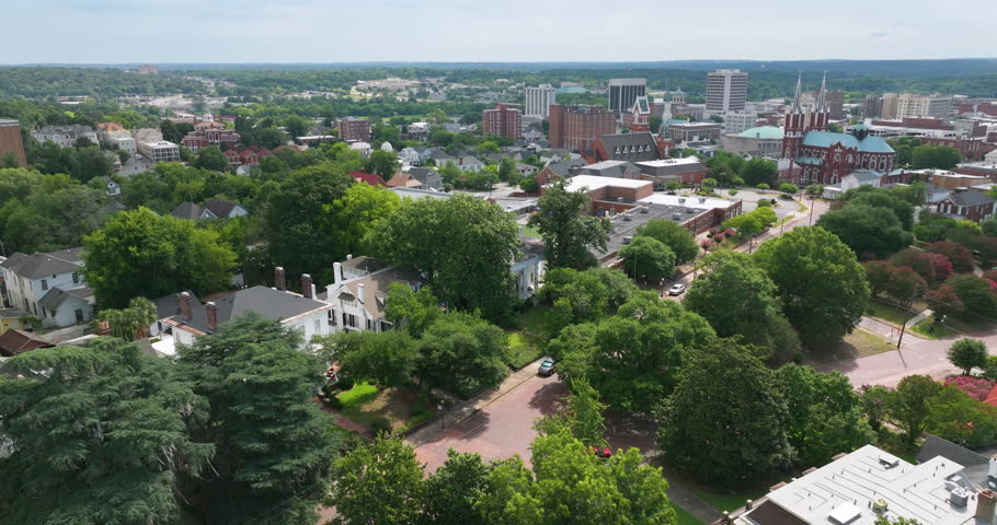 Historical American city architecture. Macon, old city in Bibb County, Georgia. Streets and buildings from above