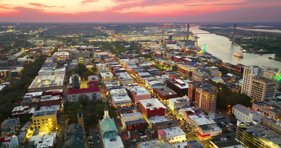 Savannah, Georgia. Urban landscape of Broughton Street in old historical city. USA cityscape at sunset.