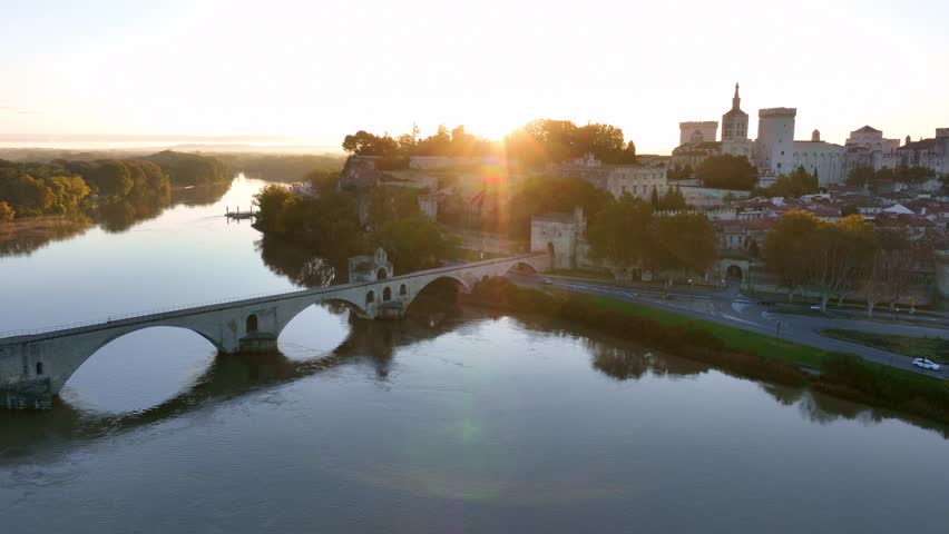 sunrise Avignon aerial view with Pont d Avignon and Palace of the Popes, the French town of Avignon on Rhone river in Provence, medieval architecture in the south of France