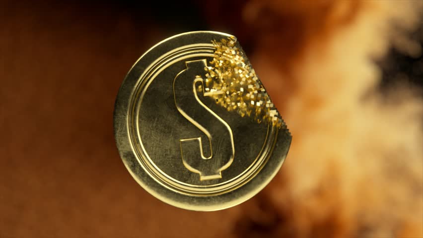 Golden dollar coin is slowly disintegrating into gold dust, representing concepts like inflation, devaluation, financial crisis, and economic downturn. 3D Illustration