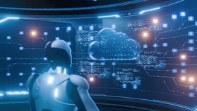 A futuristic AI robot examines a cloud computing interface, symbolizing cloud storage, data analysis, and advanced network technology in a digital environment. - Powered by Shutterstock - Get 15% off with code: PIKWIZARD15
