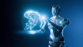 A futuristic AI robot holds a glowing digital globe hologram, symbolizing global connectivity, data management, and advanced communication networks. - Powered by Shutterstock - Get 15% off with code: PIKWIZARD15
