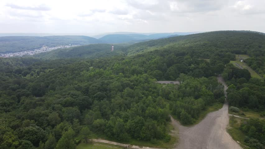 Aerial landscape during summer of green abandoned coal town Centralia Appalachia Pennsylvania USA