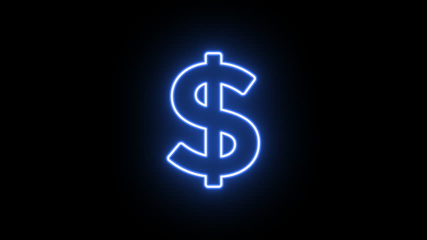 Neon dollar sign animation, uniform vertical rotation. Glowing neon 3D dollar icon, looped spin. Money cash, digital currency market, USD, bank business and finance. Blue, azure, violet colors