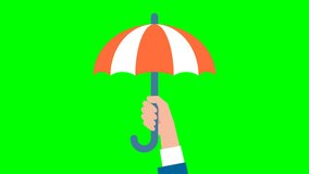 Businessman’s hand in blue suit holds an umbrella in white-red color. Business metaphor. Protection. Symbol of security. Human hand holding open red, white umbrella. 2d flat animation. Alpha channel - Powered by Shutterstock - Get 15% off with code: PIKWIZARD15