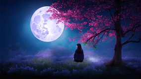 A girl sitting below the glowing tree with the stars and spinning galaxy in the background
 - Powered by Shutterstock - Get 15% off with code: PIKWIZARD15