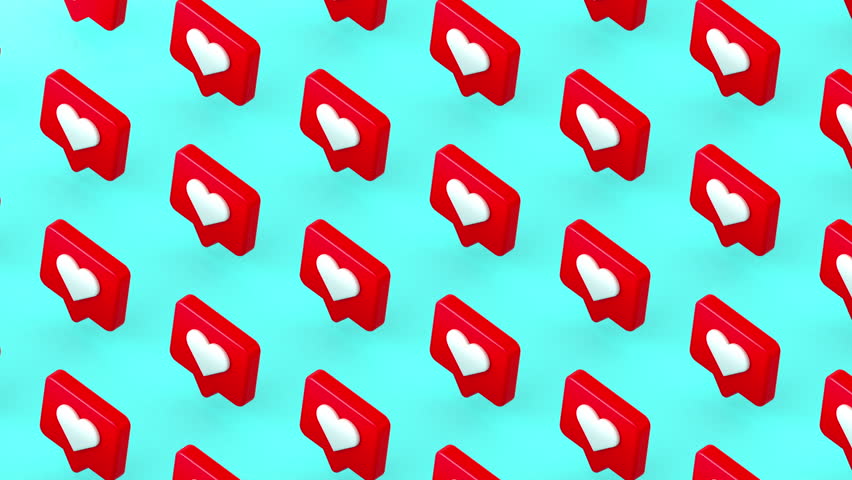 Social media like buttons heart icon rotating and moving forward 3d animation. Concept of social media engagement, popularity, online interactions. Seamless loop.