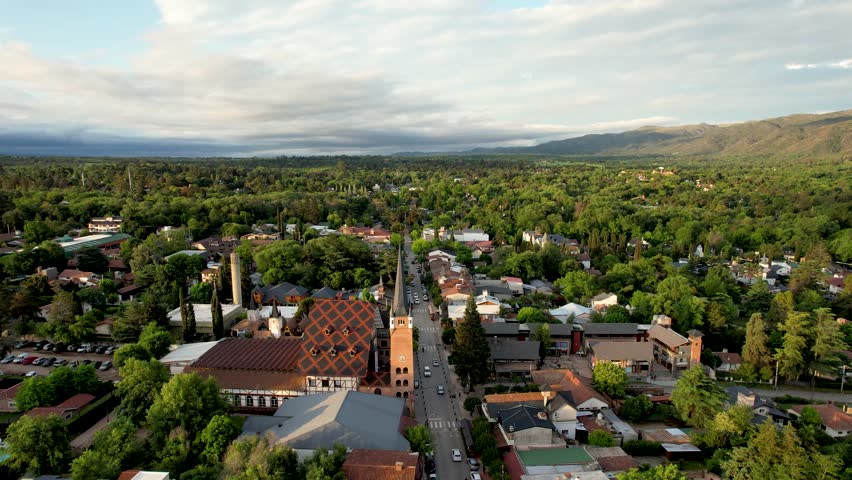 Aerial view of Villa General Belgrano, Cordoba, Argentina. Tourist city in the mountains of Cordoba. Home of the Oktoberfest. National beer festival. Central European architecture.